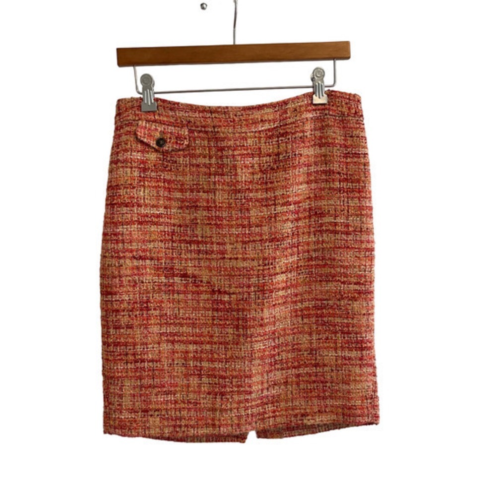 Kenar Women Orange Red Tweed Pencil Skirt Size 4 Multi Color Textured Lined Knee